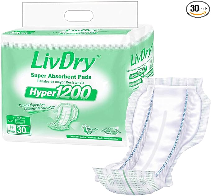 LivDry High Absorbency Pad Insert for Incontinence Briefs and Adult Diapers, Women and Men, Hyper 1200 (30 Count)