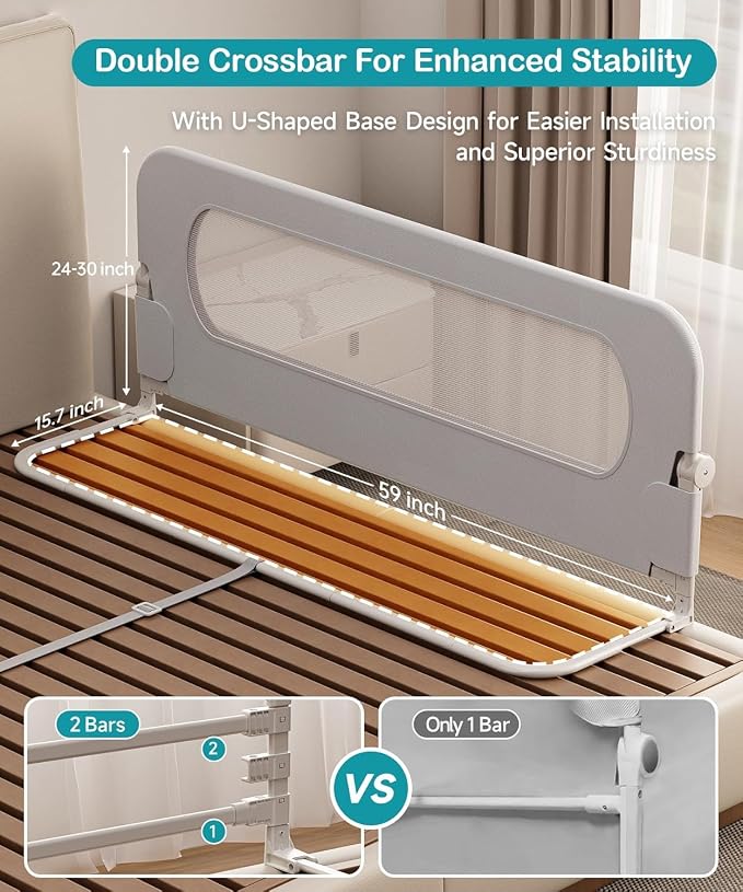 Bed Rail for Toddlers - 59 Inch Foldable Baby Guard | Height Adjustable | Foldable | Fits Full/Queen/King/Twin Beds | U-shape base provides Safety sleep protection | Grey
