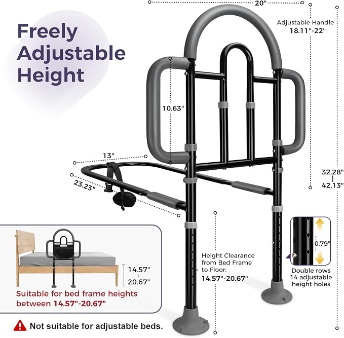 Bed Rails for Elderly Adults, 400lbs Load with Motion Sensor Light | ASTM Approved, 3-Sided Handle & Large Non-Slip Feet, Safety for Seniors, Adjustable Height Fits 14.57"-20.67" Bed Frame