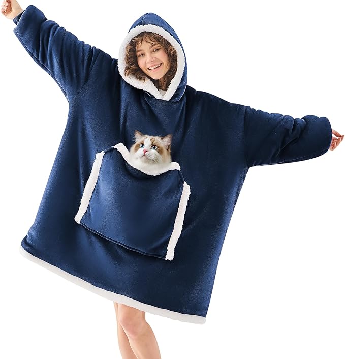 JOYWOO Navy Wearable Blanket Hoodie,Oversized Cat Lovers Sweatshirt Blanket for Adult & Teens,Birthday Gifts for Women Men Mom Girl Boys,Cozy Fuzzy Sherpa Sweatshirt Blanket Giant Pocket Gifts,Small
