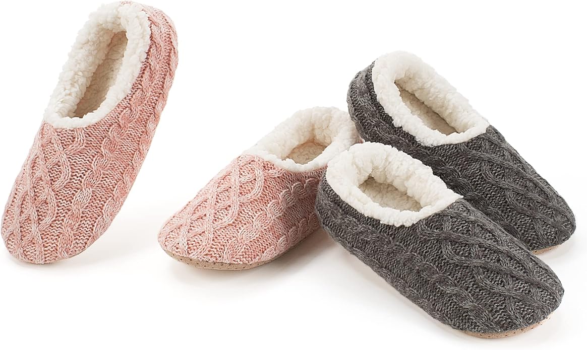 cosyone1997 2-Pair Thick Warm Fuzzy Slippers for Women Indoor Fluffy Sherpa Lined, Winter House Shoe Socks Non-Slip Soft Soles, Cozy Christmas Gifts