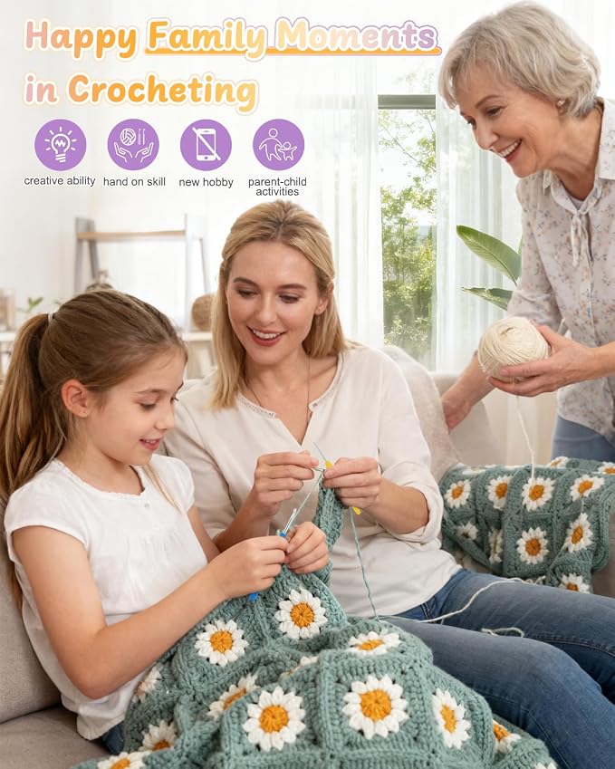 Coopay Crochet Kit for Beginners, Easy Granny Square Crochet Blanket Kit | Crochet Kit W/Video Tutorial & Digital Instructions, All Accessories Included, Easy Knitting to Create Granny Square Blanket