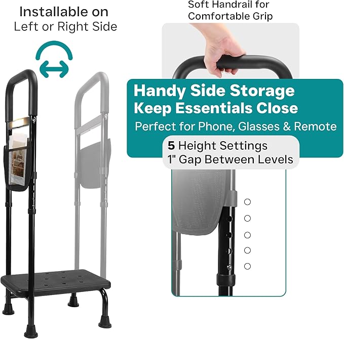 Step Stool with Handle – One Step Foot Stool for Adults, Non-Skid Bed Steps for High Beds, Adjustable Handrail with Night Light & Storage Bag, Safe Step Stool for Seniors & Elderly