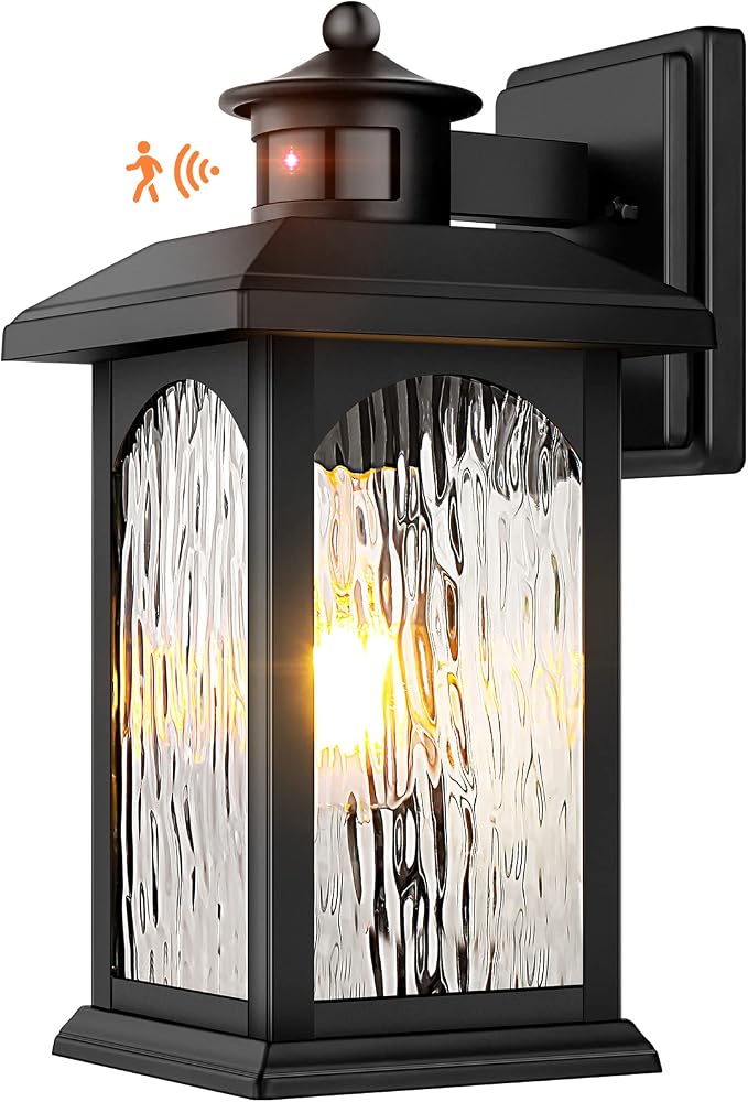 FILIYANO Motion Sensor Outdoor Light Fixture, Dusk to Dawn, Black, 1 Pack | Anti-Rust, Waterproof Wall Mount Wall Lights for Outside, Tempered Glass Coach Lights for Front Door, Garage, Porch and Patio