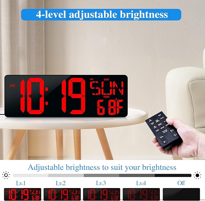 17.2"Large Digital Wall Clock Large Display with Remote Control 180°Visible | Timer with Temperature Date Week Auto DST Adjustable Brightness, for Living Room Classroom Garage Gym Gift for Senior Mom Dad