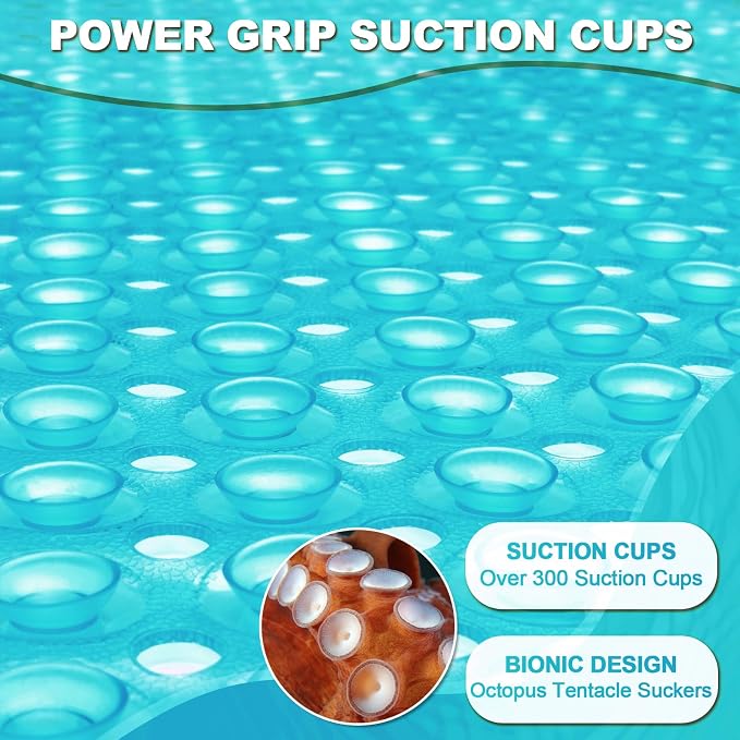 Bathtub and Shower Mats, 40x16 Inch Extra Large Non Slip Soft Bath Tub Mat with Suction Cups and Drain Holes for Bathroom Floor and Keep Tubs Clean, Machine Washable, Clear Turquoise