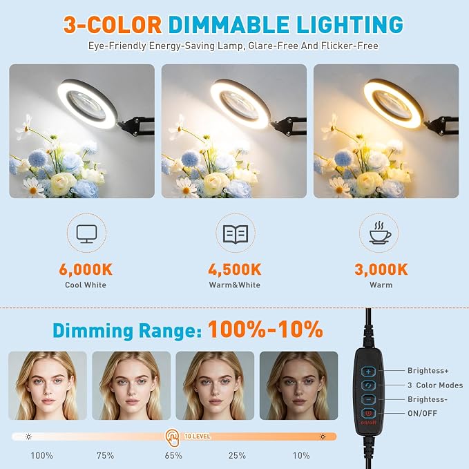 KIRKAS 10X Magnifying Glass with Light and Stand, 2 in 1 Stepless Dimmable | LED Desk Lamp with Clamp, 3 Color Modes Lighted Magnifier Swivel Arm Light for Reading, Craft, Close Works - Black