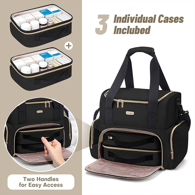 BAFAMYE Large Medicine Storage Bag with 2 Removable Cases, Medicine Storage Bag with Multiple Storage Sections,with Shoulder Strap,Suitable for Travel or Home,Black