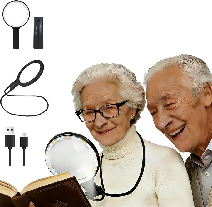 5X Hands-Free Neck Magnifying Glass with Light for Seniors | Rechargeable neck-worn design with 24 LEDs, 360° flexible gooseneck, magnifier for reading, cross stitch & close work