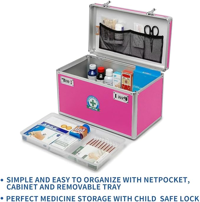 Locking Box with Portable Storage Case, 15''x 8.7''x 9.3''，Childproof Medication Lock Organizer, Lockbox for Documents，Medicine & Valuables (PINK)