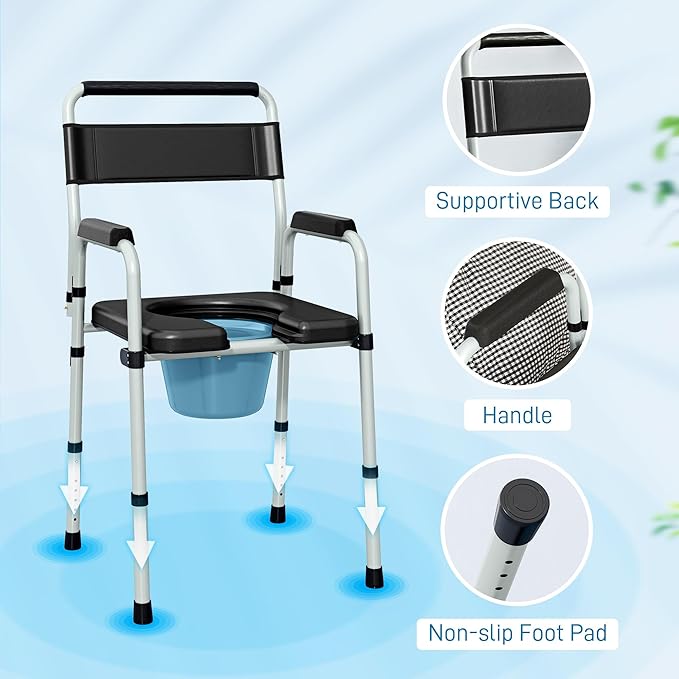 HOMCOM 4 in 1 Bedside Commode Shower Chair Portable Toilet Raised Toilet Seat with Handle for Seniors, Adults, Handicap, Adjustable Height, Black