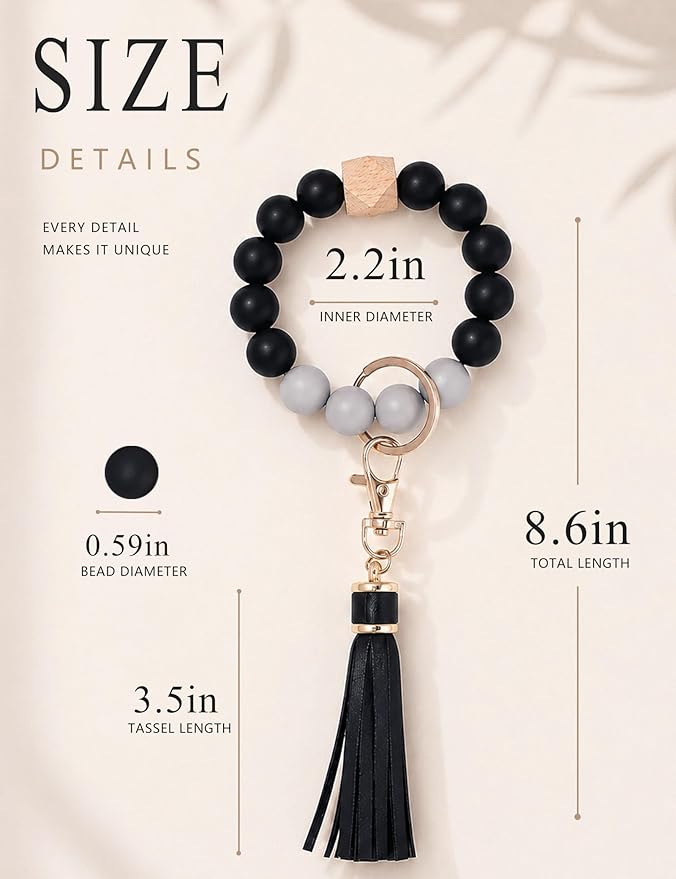 BAOSIWA Silicone Beaded Bracelet Keychain Wristlet Key Ring Bangle Chains for Women with Leather Tassel