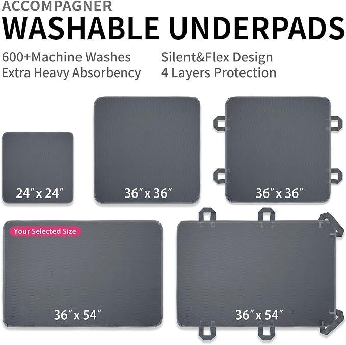 Accompagner Incontinence Bed Pads Washable Waterproof, Ultra-Absorbent Reusable Underpads for Diaper Changing, Nursing, Bedridden, Adults, Seniors, Kids and Dogs (Dark Gray, 36"x54"(Pack of 4))