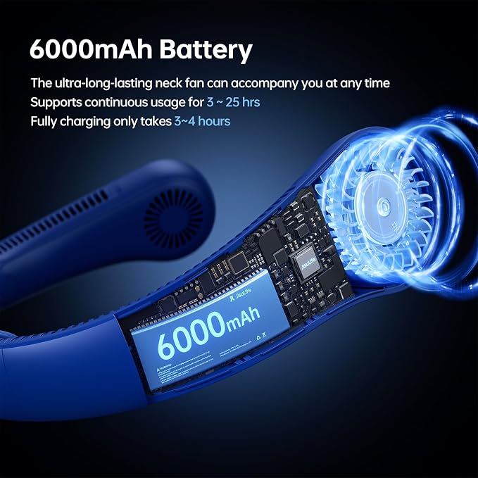 JISULIFE Portable Neck Fan Upgraded: Neckbrace Hands-Free, 5-Speed 6000 mAh | 25H Max Runtime, Personal Wearable Bladeless Rechargeable Fan for Outdoor/Travel/Concerts, Gifts for Women Men - Dark Blue