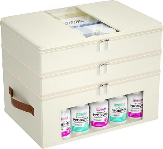 3-Tier Medicine Cabinet Organizer, Fabric Medicine Organizer for Cabinet with Leather Handle, Medicine Storage Box for First Aid, Organizers and Storage Home Must Haves (Beige)