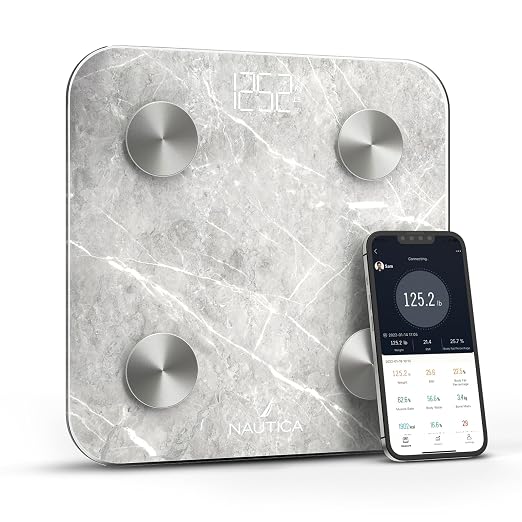 Nautica Body Tracker Digital Bathroom Scale, Bluetooth-Enabled Smart Scale with BMI, Body Fat, Muscle Mass Tracking & More, Syncs with Smartphone App for Body Composition Tracking, 396 Lbs.