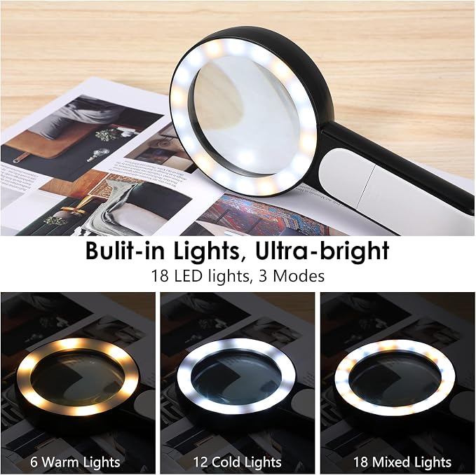 MoKo 30X Magnifying Glass with Light for Close Work,Reading,Coins,Jewelry | Handheld Magnifying Loupe,18LED 3 Modes Illuminated Lighted Magnifier,Gifts for Seniors,Kids,Low Vision,Black