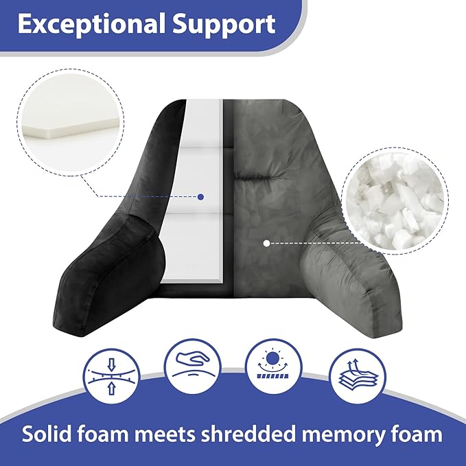 Reading Pillows for Sitting in Bed Adult, Back Pillow for Bed Sitting Up, Backrest Pillows with Shredded Foam for Adult&Teens, Support Pillow with Arms for Beds, Couch, Floor, 18in, Black