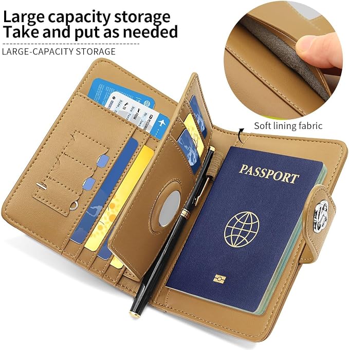 Passport Holder Wallet Bag with AirTag Holder, Card Slots and Passport Solt Ticket Cash Solt, Photo Solt Sim Card Pen Slot.Apricot