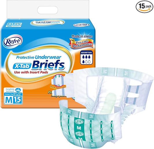 Refré X-Tab Briefs - Unisex Protective Underwear - Disposable Tabbed Incontinence Pants - Ultra Absorbent & Odor Control Adult Diapers with Stick Again Fasten Tabs - Medium (Hip 30.3"-43.3") - 15 Ct