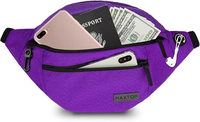 MAXTOP Large Purple Fanny Pack Sling Bag,Gifts for Enjoy Sports Hiking | 4-Zipper Pockets,Polyester,Hands-Free Wallets Shoulder Phone Bag Carrying All Phones
