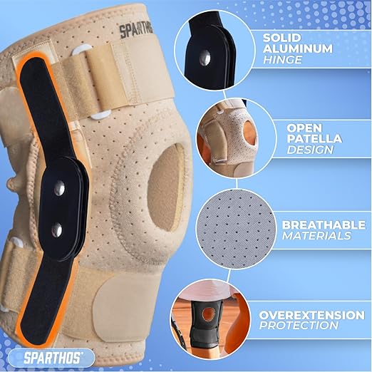 Sparthos Knee Brace - Heavy-Duty Hinged Support for ACL, MCL, Meniscus Tear, Arthritis, Tendons Pain - Open Patella - 4-Strap Adjustable - For Men and Women (Plus Size, XXX-Large, Thigh 20-28 in)