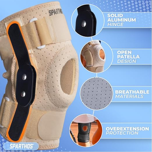 Sparthos Knee Brace - Heavy-Duty Hinged Support for ACL, MCL, Meniscus Tear, Arthritis, Tendonitis Pain - Open Patella - 4-Strap Adjustable, For Men and Women, Check Size Chart (Medium, 12½-15½″ Thigh)