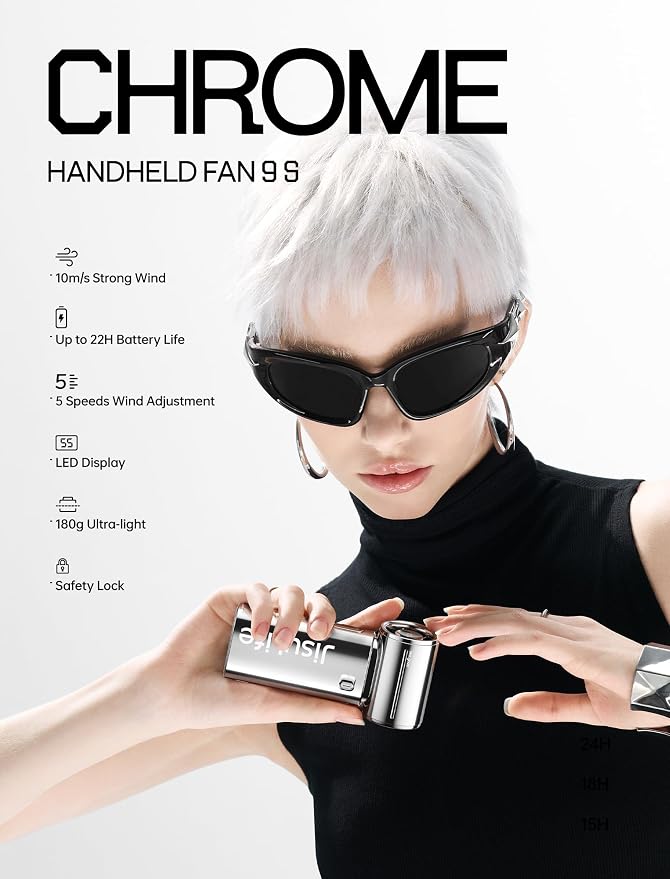 JISULIFE Handheld Fan Life9S - Sleek Chrome: Turbo Power, 22 Hours Cooling | LED Display, 5000mAh, 5-Speeds, Mini Portable Fan for Travel, Cruise, Concerts, Trendy Gifts for Women Men -Chrome