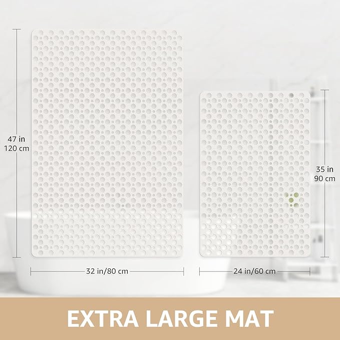 Yolife Large Shower Mat, 35 x 24 inch Non Slip Shower Mats for Inside Shower with Drain Holes and Suction Cups for Bathroom, No Odor TPE Shower Floor Mat, White