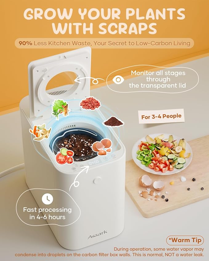 Electric Composter Smart 3L Kitchen Compost Bin Countertop Composter with Odorless Carbon Filter, Low Noise, Auto Clean, Visible Window Indoor Food Recycler Compost Tumbler Bin