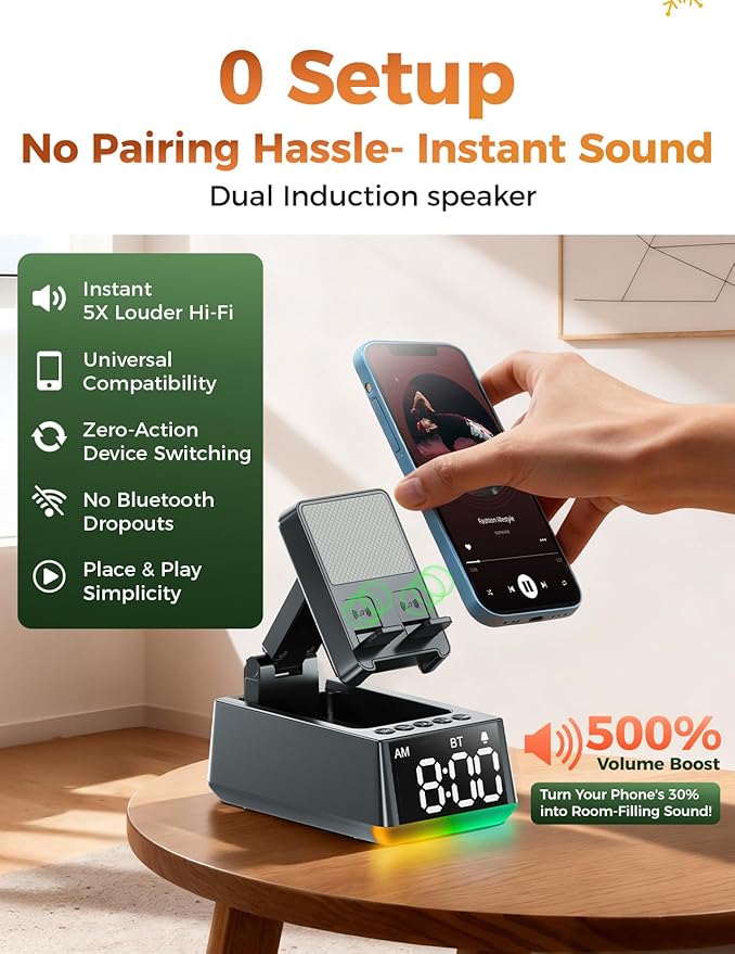 Bluetooth Speaker Birthday Gift for Men:Induction Cell Phone Stand HD Sound Valentines Gifts For Him Her Adult Teen,Anti-Slip Phone Holder Kitchen Gadget Women Mom Wife,Dad Husband Boyfriend(Gray)