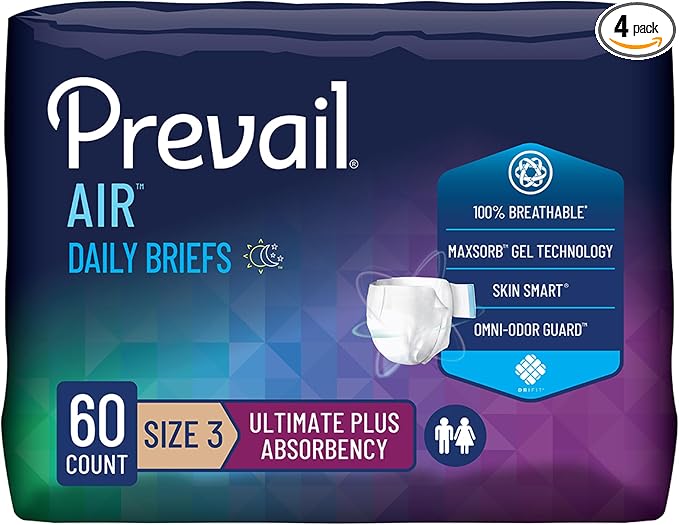 Prevail Breezers 360 Incontinence Briefs, Ultimate Absorbency, Size 3, 15 Count (Pack of 4)