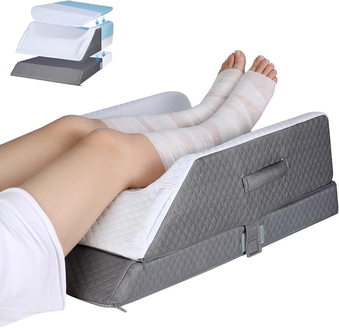 Cooling Leg Elevation Pillow, 3-Height Adjustable Leg Rest Support | Cooling fabric wedge pillow for both legs, knees & ankles, with memory foam comfort for post-surgery rest and swelling relief