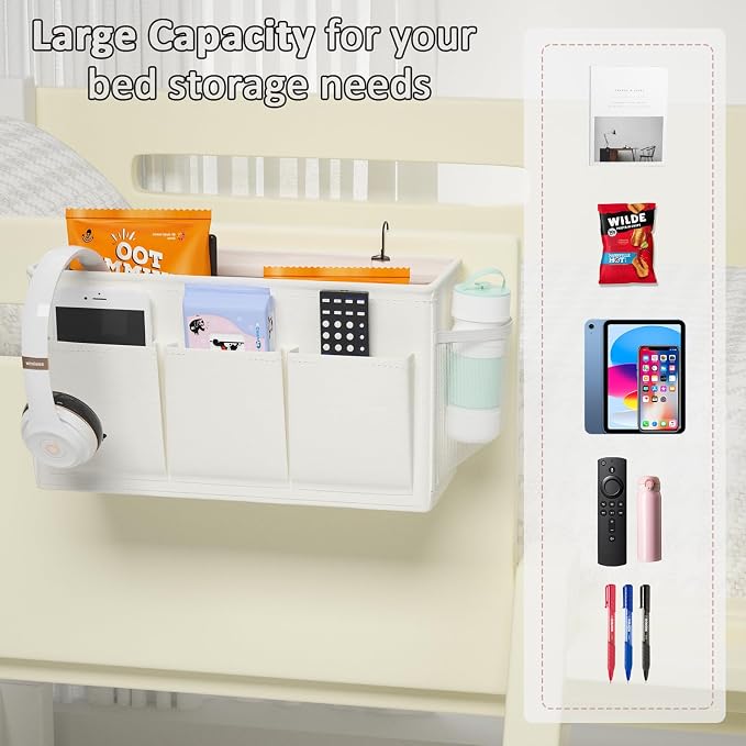 Bedside Caddy Storage Organizer for Bed Rails, Bed Caddy with 6 Pockets | Bedside Organizer with Fixed Straps and Hooks, Mattress Supported Versatile for Home, Dorm, Bunk, Hospital and Crib Bed