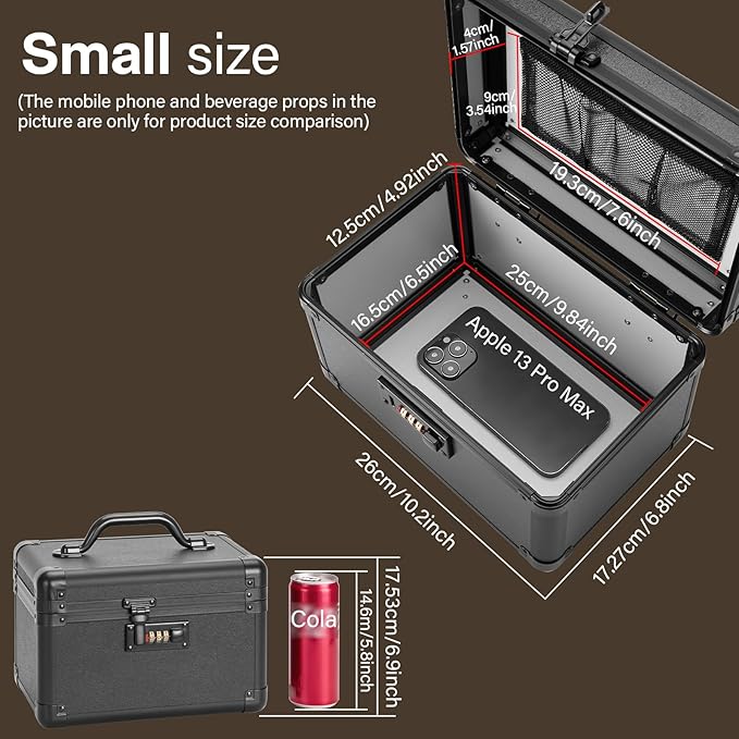 Medicine Lock Box, Lockable Storage Box for Drugs, Childproof Medication Storage with Combination Lock for/Dorms/Outdoor/Home Personal Pill Organizers (Small 10.2x6.8x6.9 Inch) Black