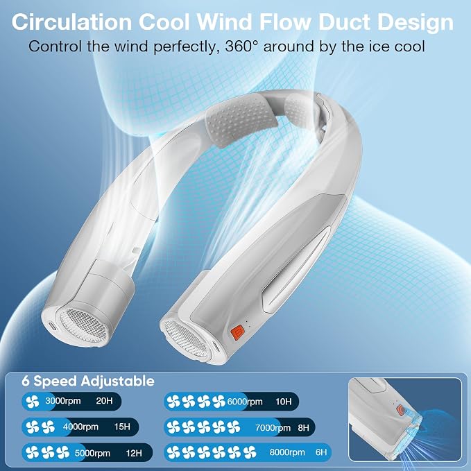 Hionly AI Neck Fan, 6 Speeds Adjustable Portable Personal Fan Rechargeable, 6000 mAh Battery Faster Cooling Wearable, Ultra Quiet for Home, Office, Travel, Outdoor