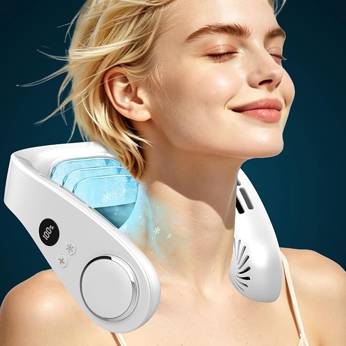 FWV Neck Fan with Cooling Plate, 5500mAh 3-24Hrs Battery, Ultra Quiet 5-Speed USB-C Necklace Cooler, LED Display for Battery&Speed,Hands-Free Bladless Mini Fans for Travel Office Indoor Outdoor White