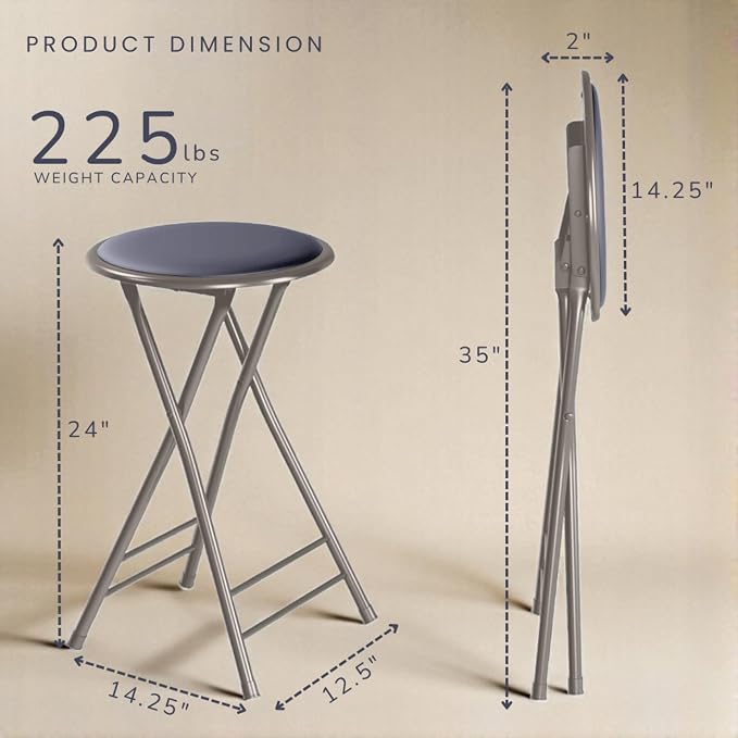 Lavish Home Folding Stool with Padded Backless Seat Set of 2, Gray, 24” | Counter Height Bar Stools with 225lb Capacity, Portable Indoor & Outdoor, Extra Seat for Kitchen, Rec Room or Camping