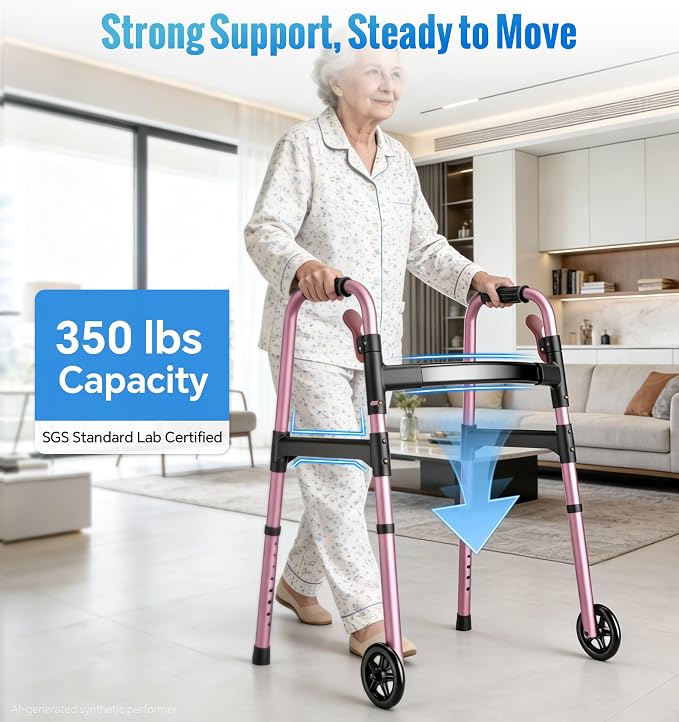 HOMLAND Standard Walkers for Seniors, 6.5lb Lightweight Foldable Walker | One-Hand Folding, 8 Height Adjustments, 350lb Capacity, Easy to Assemble, 2 Skis, 5" Wheels, Aluminum Frame, Rose Red