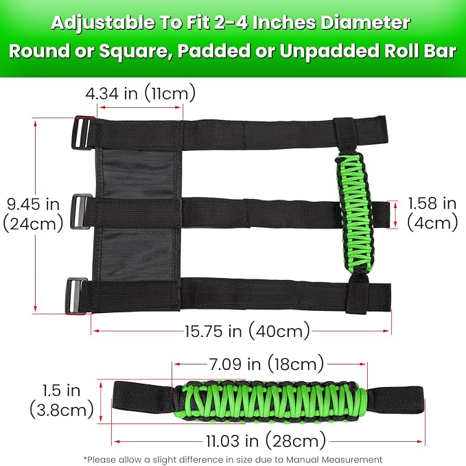 4 x Roll Bar Grab Handles Grip Handle for Jeep Wrangler JK JKU JL JLU TJ YJ Sports Sahara Freedom Rubicon Unlimited Gladiator JT 1955-2023 UTV ATV Premium 550 Paracord Interior Accessories (Green)