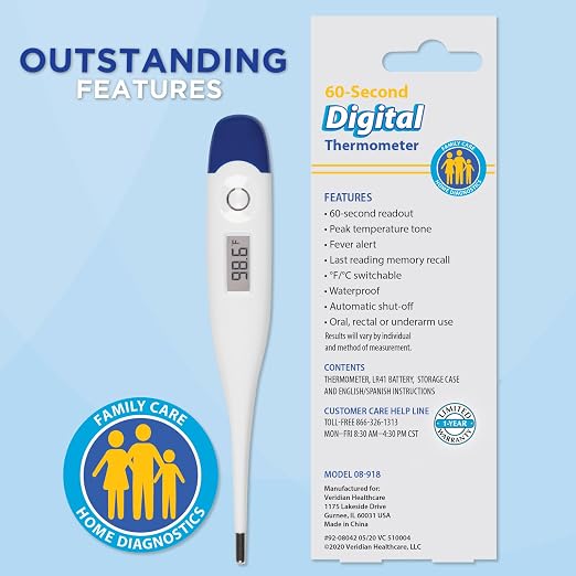 Veridian 60-Second Digital Thermometer with Rigid Tip | Oral, Rectal & Underarm Use, Fever Alert at 100.0°F, Memory Recall, Waterproof, Storage Case Included