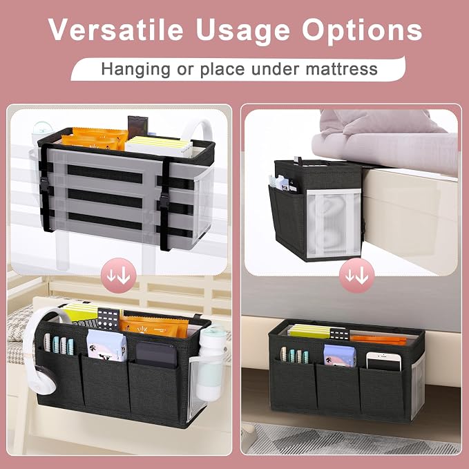 Bedside Caddy Storage Organizer for Bed Rails, Bed Caddy with 6 Pockets | Bedside Organizer with Fixed Straps and Hooks, Mattress Supported Versatile for Home, Dorm, Bunk, Hospital and Crib Bed