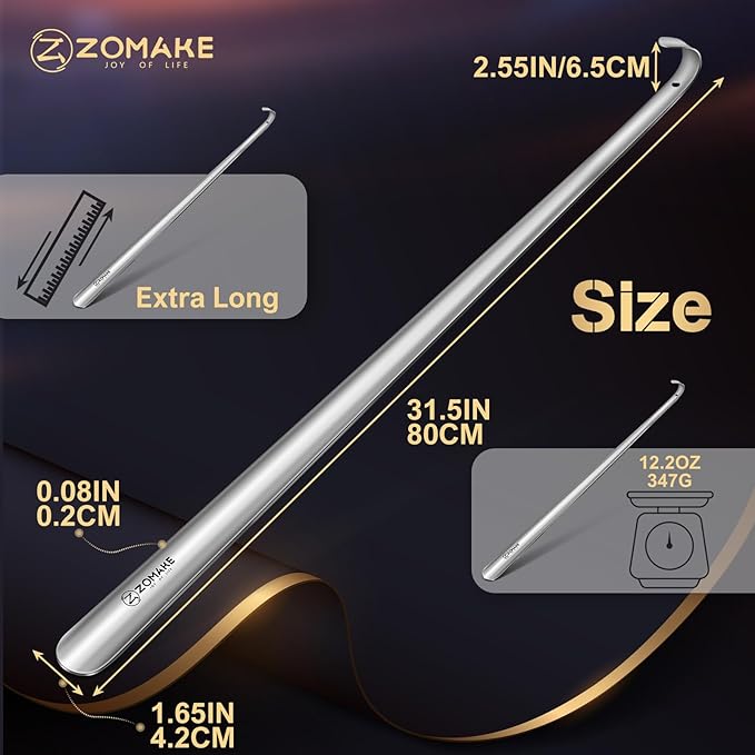 ZOMAKE Extra Long Shoe Horn for Seniors Men,Metal Shoehorn Long handle for Boots,31.5'' Stainless Steel Shoe Spoon Helper