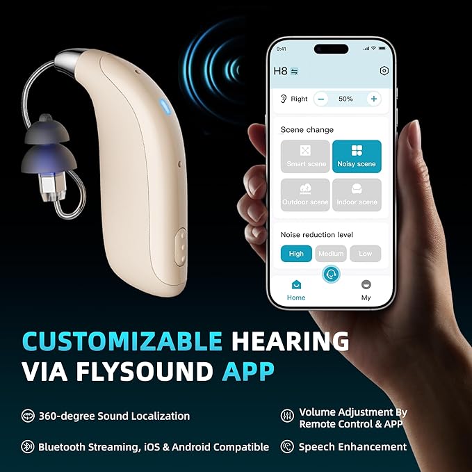 FLYSOUND PureHear Pro Bluetooth OTC Hearing Aids for Seniors & Adults | 60dB High Gain, Whistle-Free Premium AI Sound Algorithm | 80% Improved Speech Recognition | Enhanced App & Bluetooth Streaming