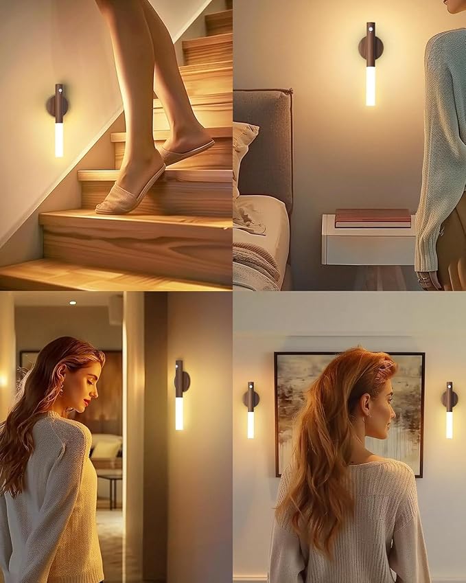 Motion Sensor Light Indoor, 2200mAh Rechargeable Wall Sconce | Battery operated wall lights magnetic night lights wooden wall decor for stairways, hallways, bedrooms and picture lighting
