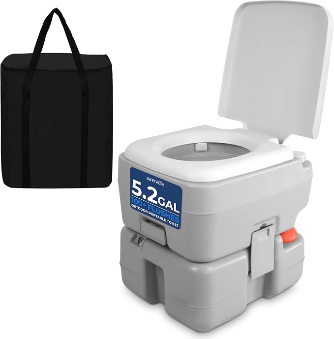 SereneLife Portable Toilet 5.3 Gal Camping Travel Outdoor Flush Toilet Seat | 5.3 Gal waste tank, 50+ flushes, leak-proof odor control, 3-way rinse system, no-splash disposal, durable portable design