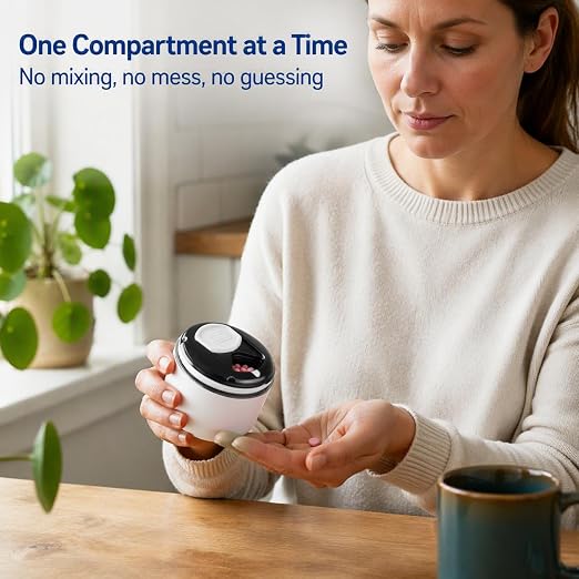 EZY DOSE Mini Pill Organizer, 4-Compartment Vitamin & Medication Case with Screw-Top Secure Seal + Sliding Dispenser, Compact Bottle-Replacement for Purse, Work, Cruise & Travel, Medium, White/Black