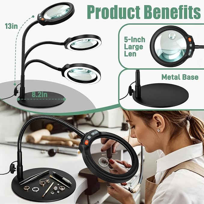 30X 10X Large Magnifying Glass with Light and Stand, 5-Inch Optical Grade HD Lens, 5 Color Modes Stepless Dimmable LED Desk Lamp, Hands Free Gooseneck Lighted Magnifier for Craft Painting Close Work