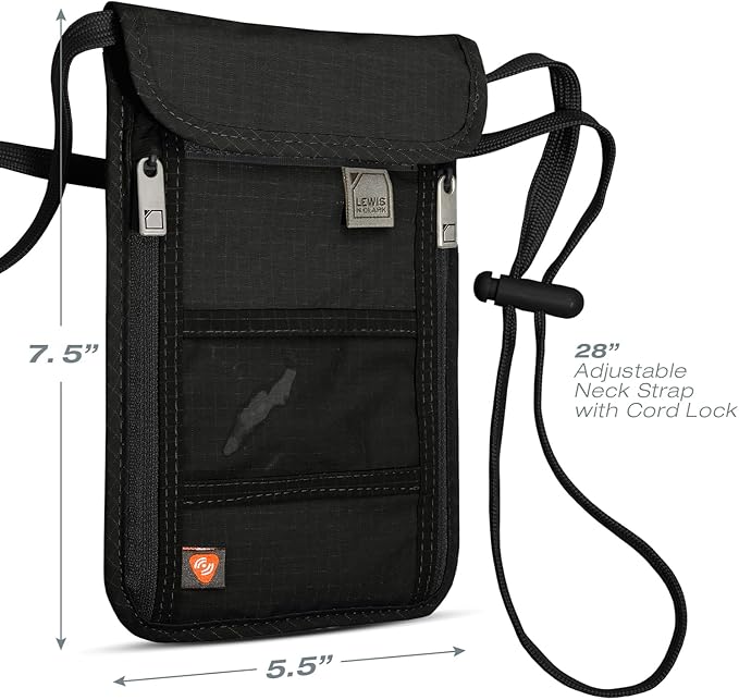 Lewis N. Clark RFID Blocking Stash Neck Wallet, Travel Pouch + Passport Holder for Women & Men, Black