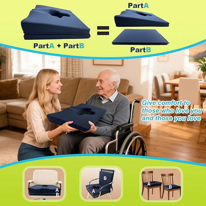 Gel Wheelchair Seat Cushion,Bed Sore Cushions for Butt,Sciatica,Coccyx,Pressure Sore & Ulcer Pain Relief Butt Pillow for Office Chair,Removable&Washable (Thickened&Support-Enhanced Set Blue)